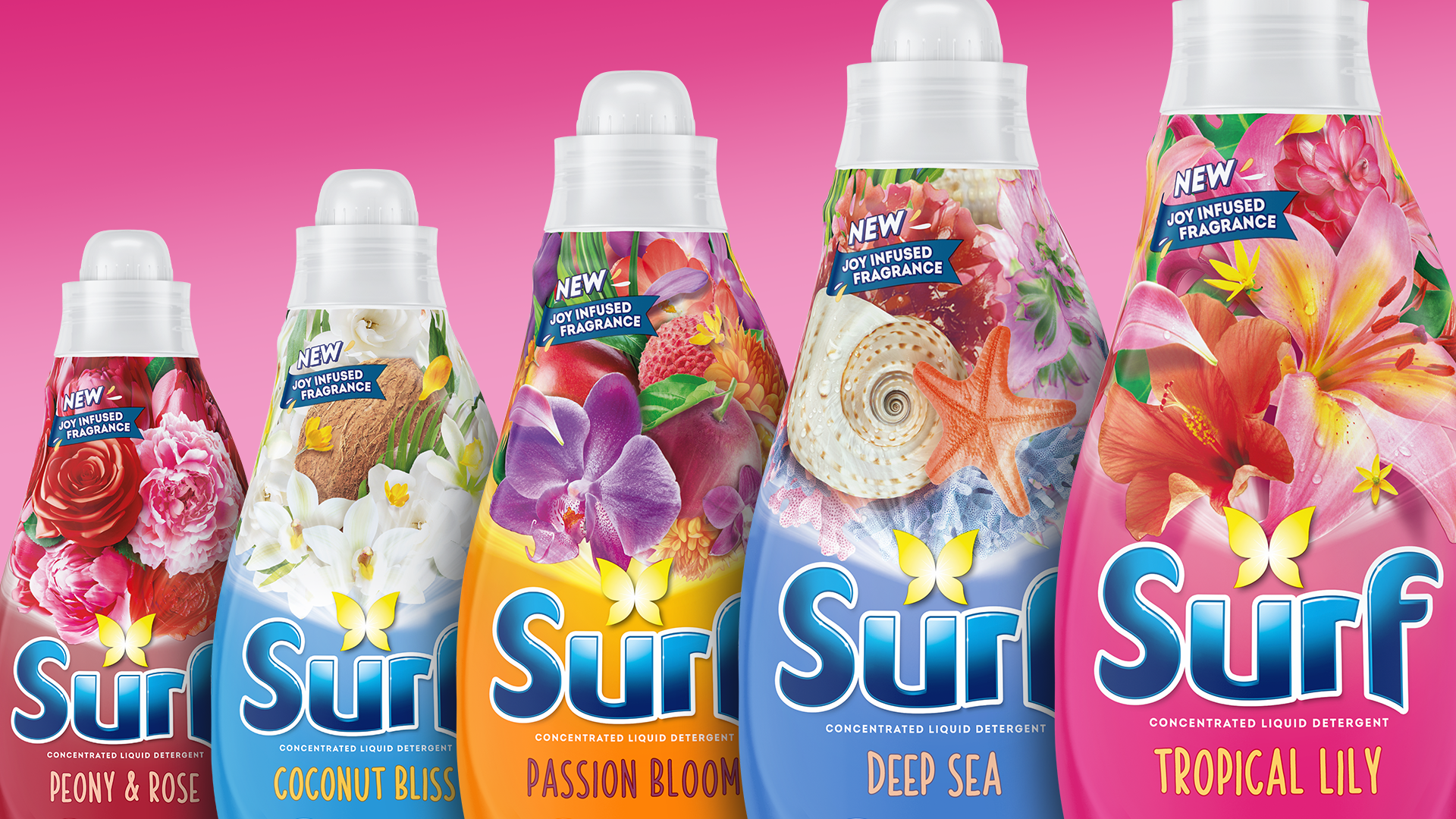 Five bottles of Surf liquid detergent, each with a different fragrance. The colourful product packaging illustrates some of the source ingredients such as peonies, coconuts, passion flowers and lilies.