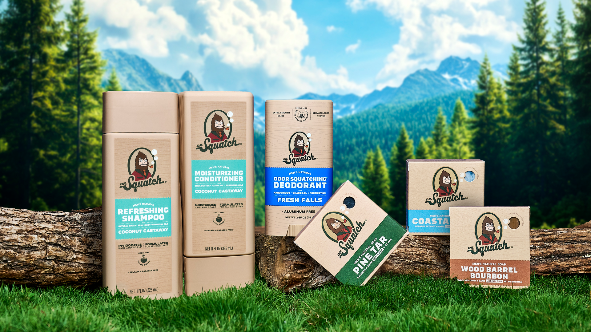 A display of Dr Squatch deodorants on a woodland background.