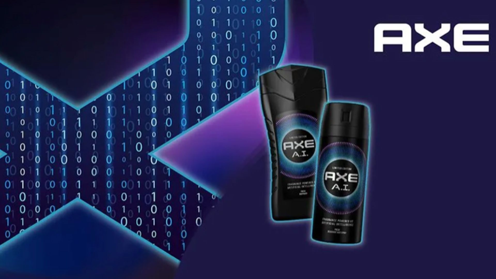 Advertising banner showing cans of the new Axe A.I. deodorant.