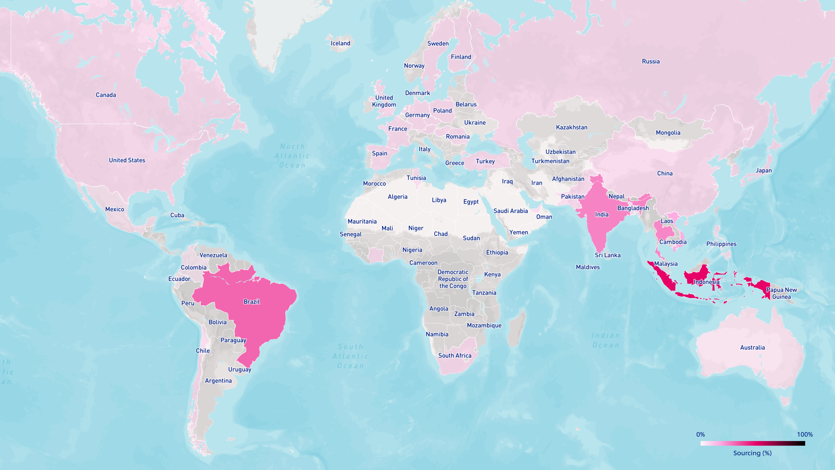 Map of the earth highlighting paper and board commodities