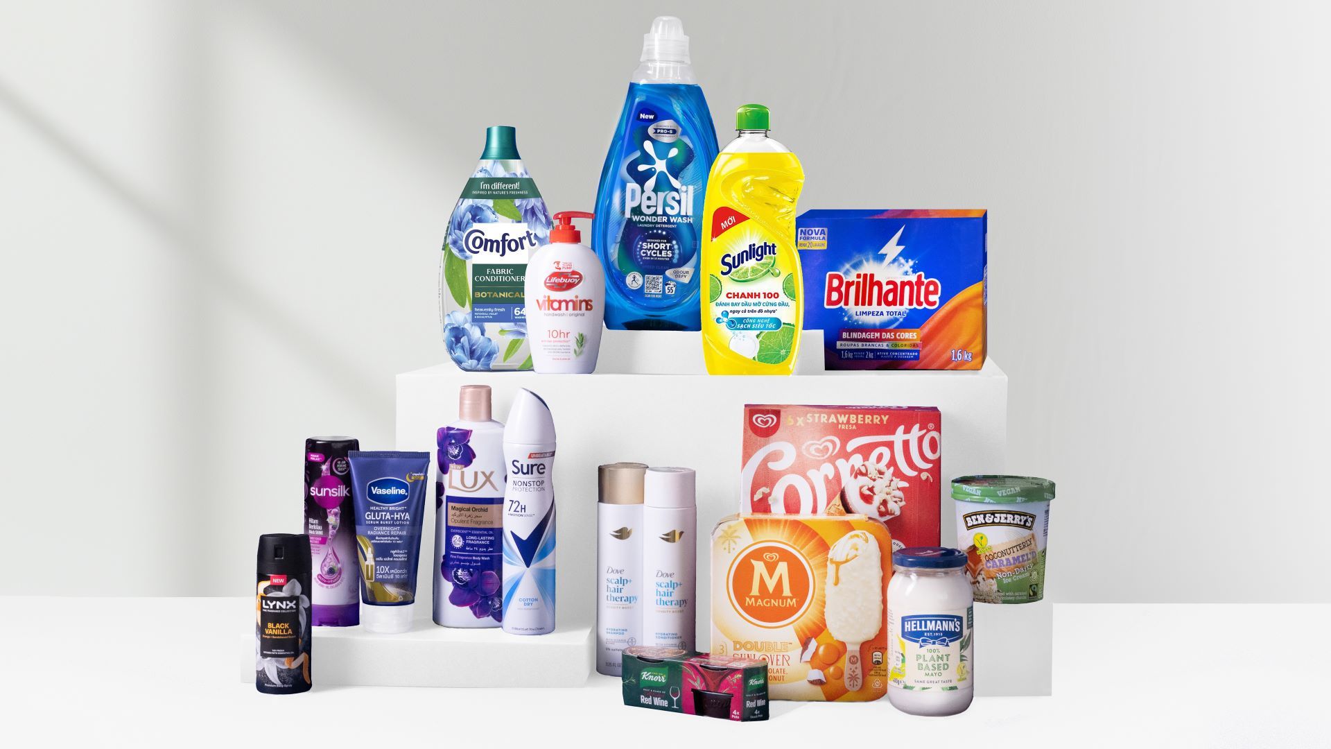 An array of Unilever products from brands including Vaseline, Cornetto and Hellmann’s.