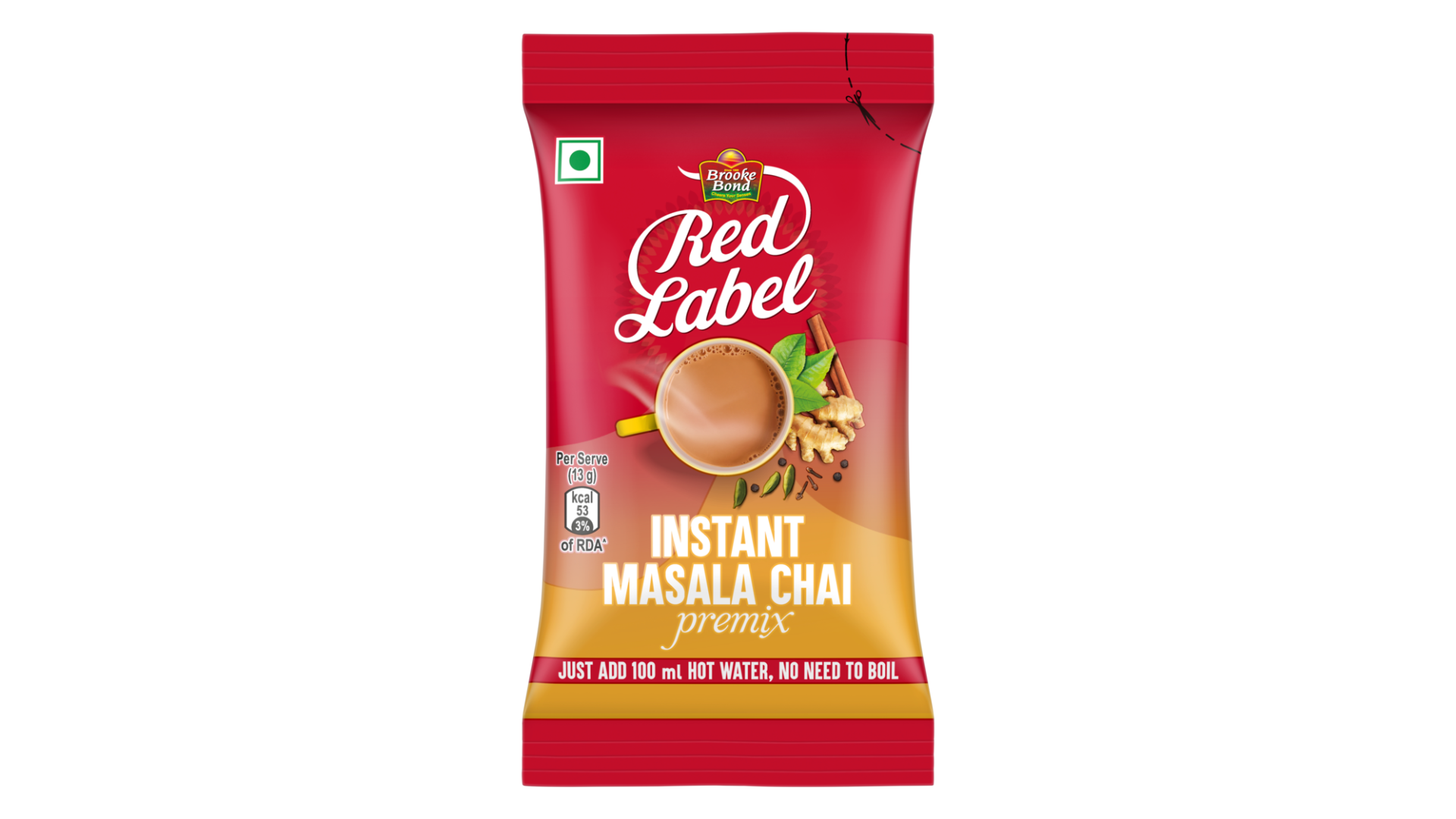 Brooke Bond Red Label Instant Masala Chai premix box with aromatic spices, 10 sachets pack, just add hot water for authentic Indian tea.