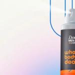 A Dove Men+Care aerosol can shown partially on the right side against a soft gradient background, with curved blue lines above the can.