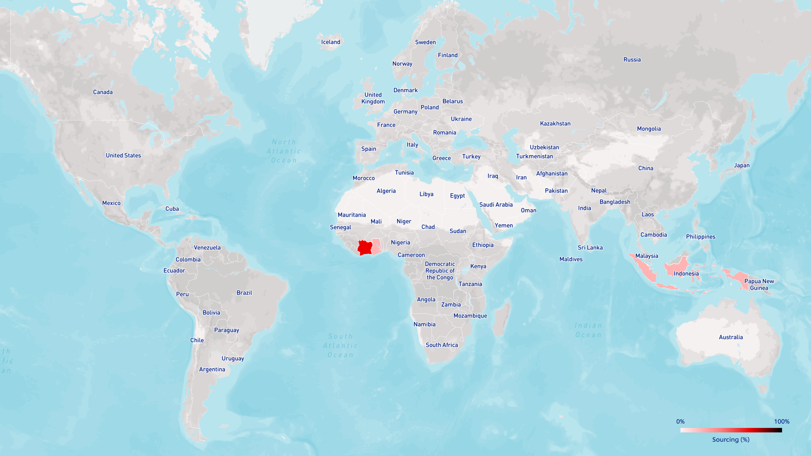 Map of the globe highlighting Cocoa areas
