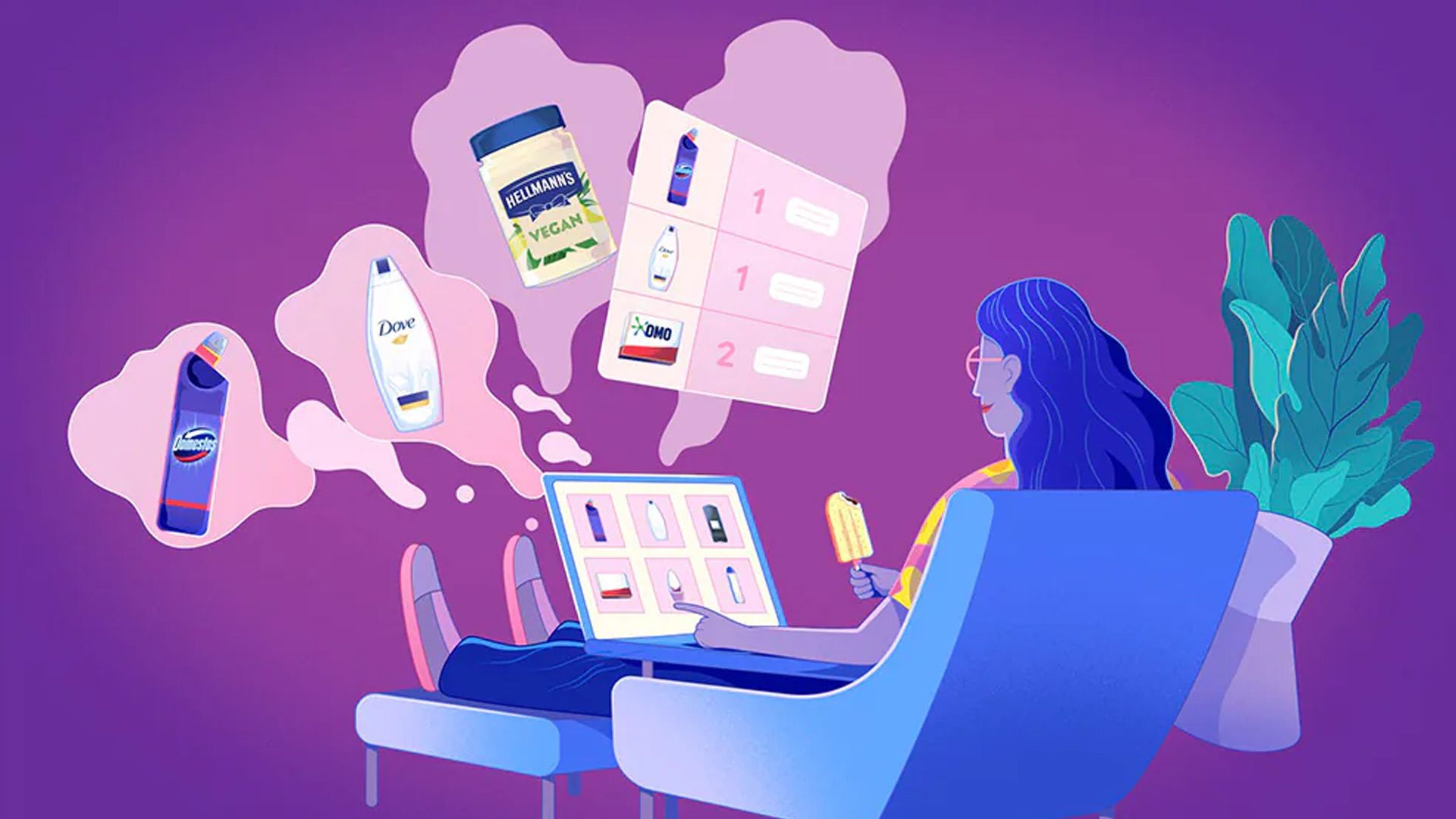 An illustration of a person looking at products on a laptop