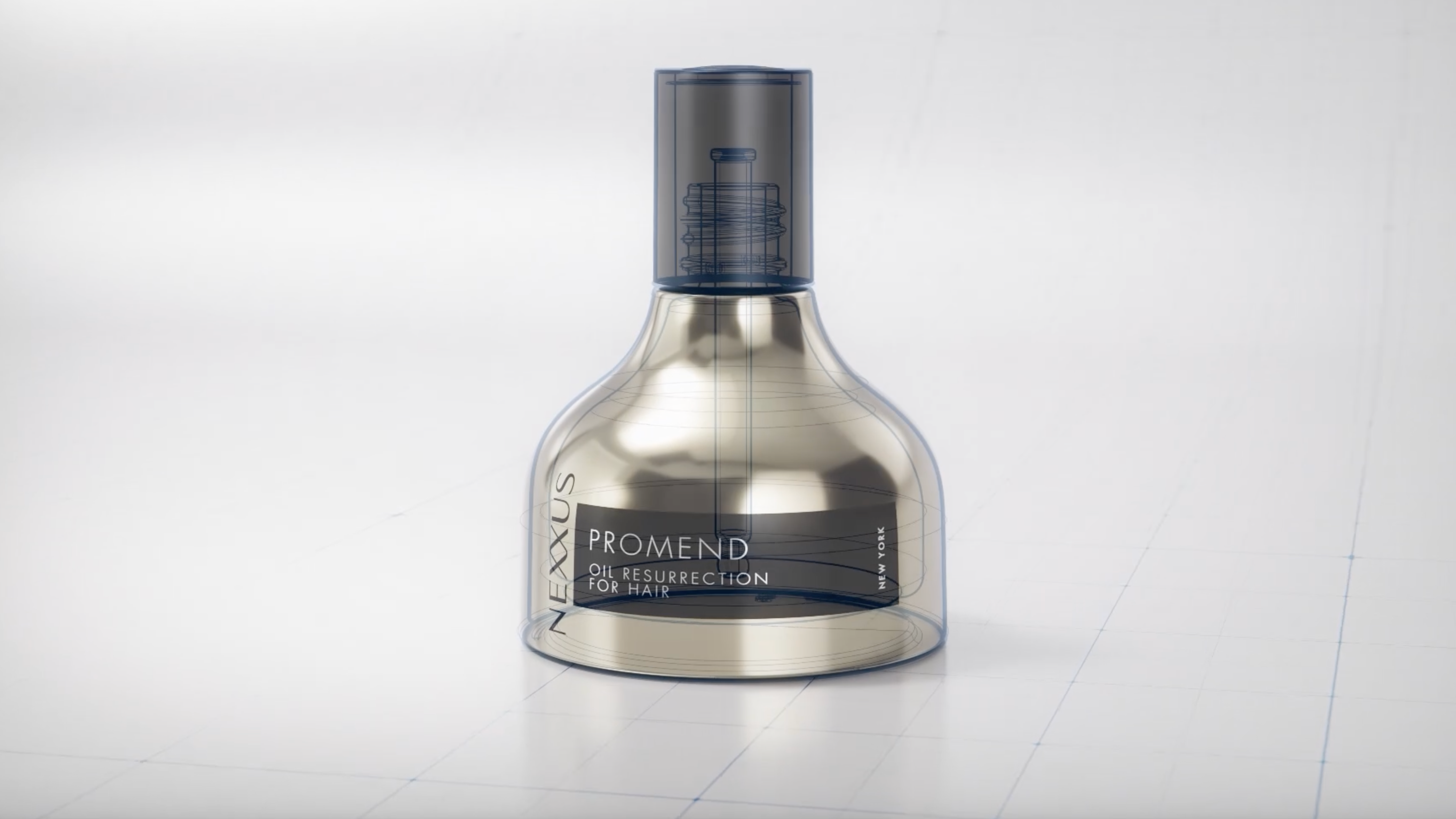Transparent bottle of Nexxus Promend Oil Resurrection for hair, displayed on a light background with a technical blueprint overlay.