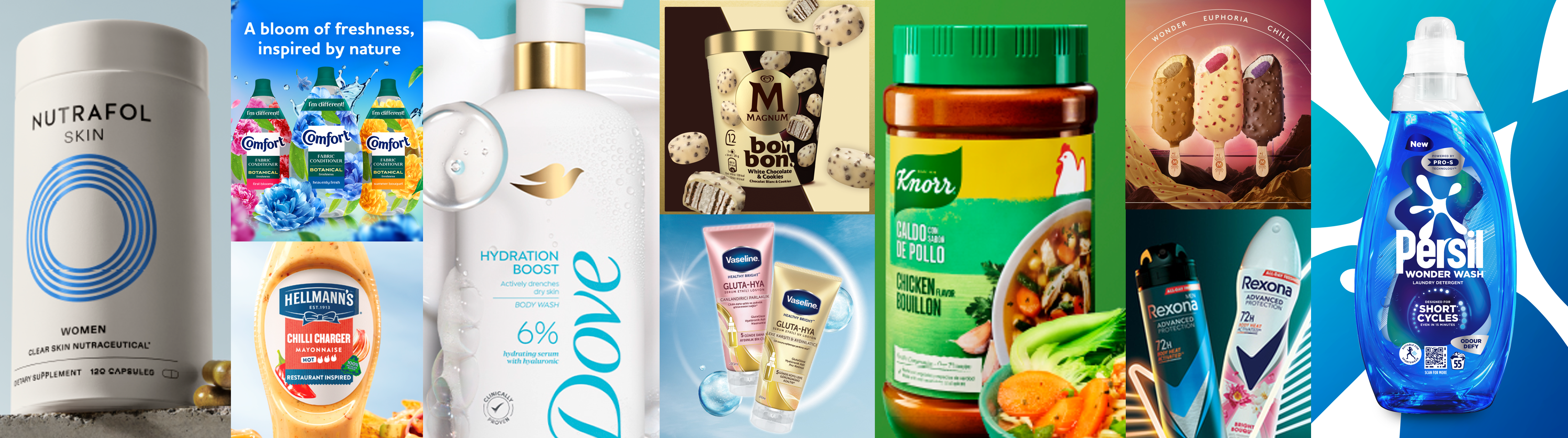 A collage of Unilever brands - Nutrafol, Comfort, Hellmann's, Dove, Magnum Bon Bons, Vaseline, Knorr, Magnum ice creams, Rexona deodorants, Persil Wonder Wash