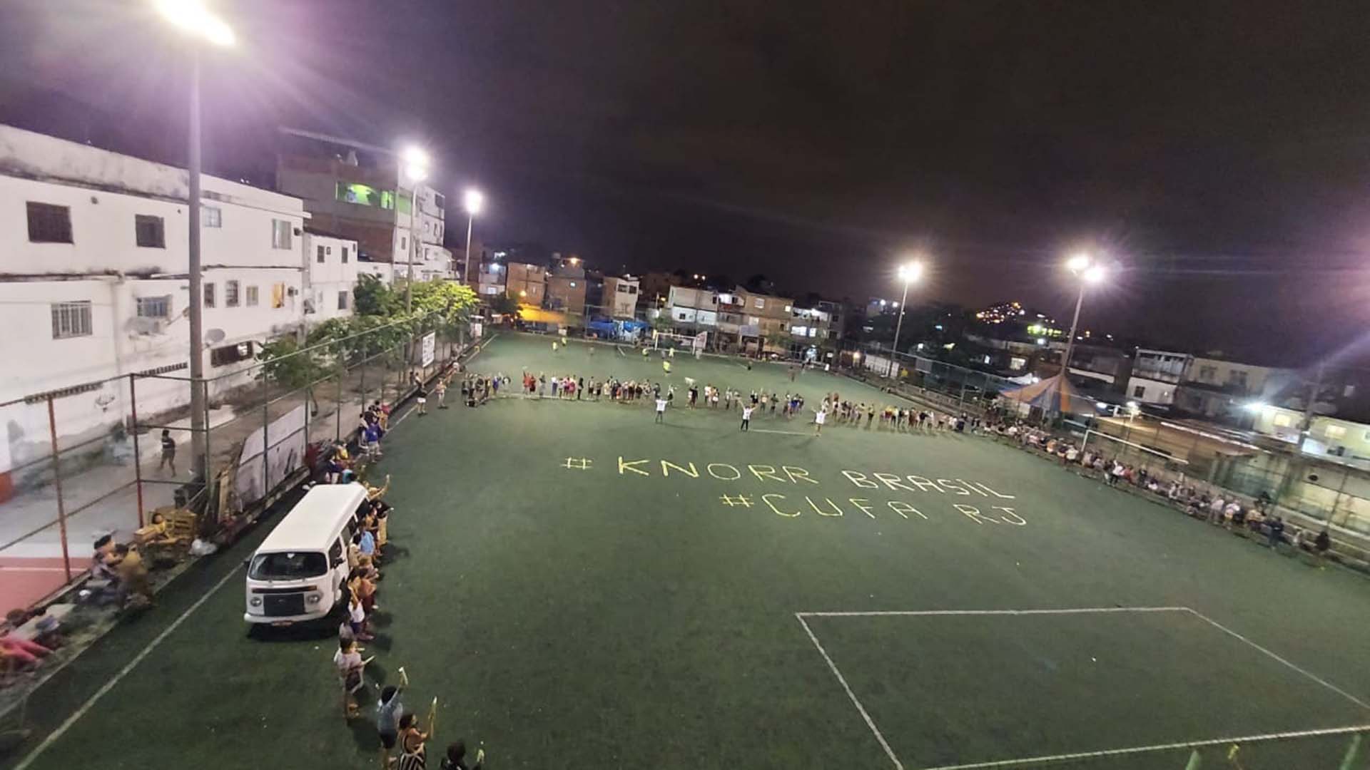 Donations made at a football pitch in one of Rio de Janeiro’s favelas