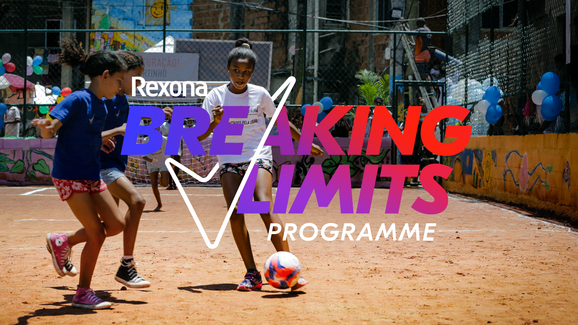 Three children playing football. The text overlaid on the image reads: ‘Rexona Breaking Limits Programme’.