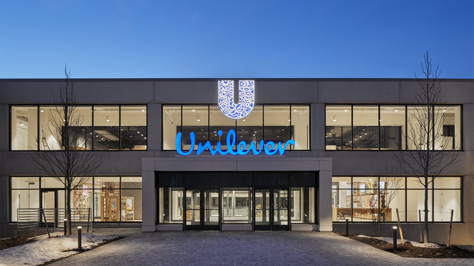 Unilever USA headquarters in Englewood Cliffs, New Jersey. The sustainable building features a glowing Unilever logo