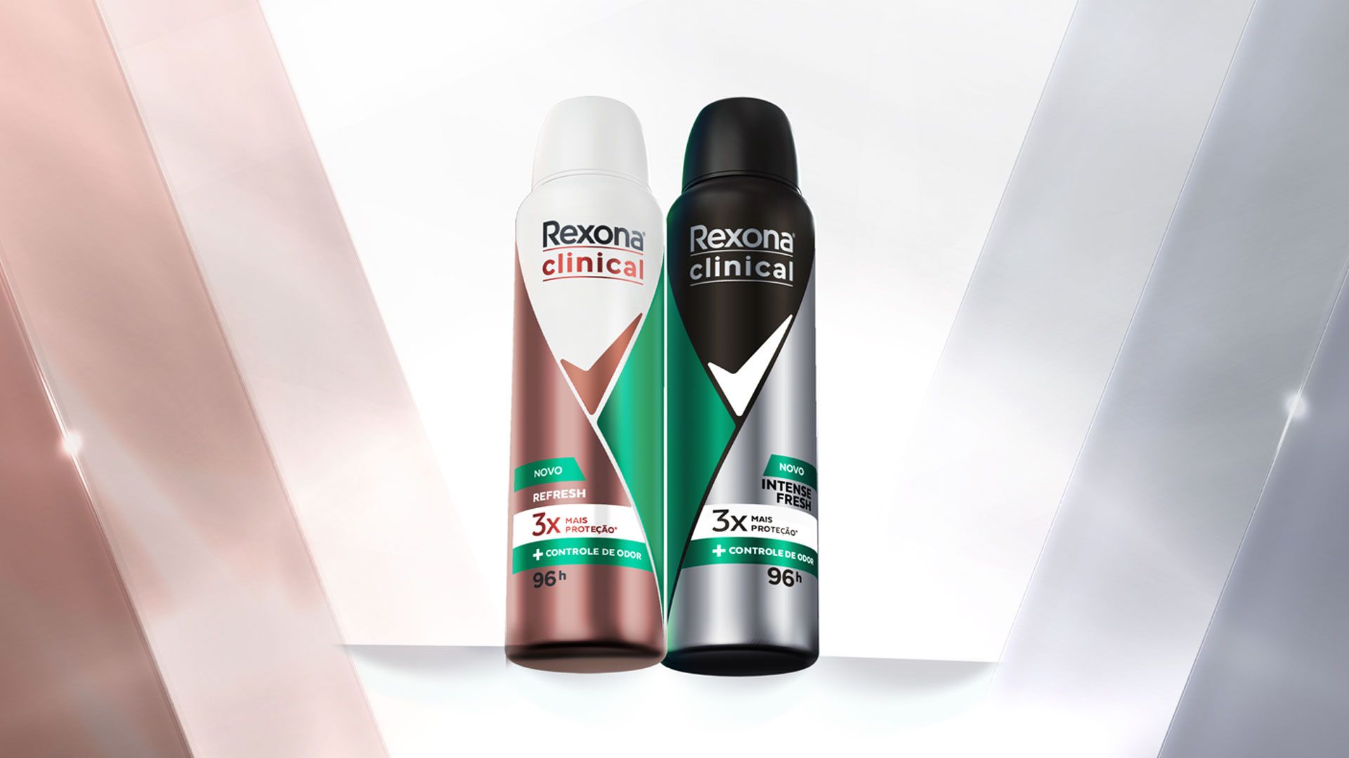 Two cans of Rexona Clinical deodorant, labeled "Refresh" and "Intense Fresh," displayed on a soft, glowing background.