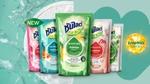 Five different coloured packs of Sunlight Plus dishwashing liquid which uses 100% plant-based cleaning ingredients.