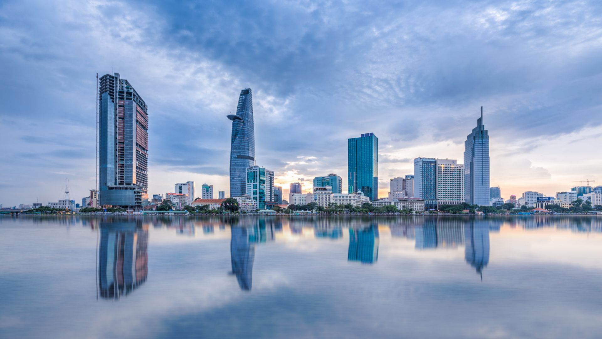 A photo of the Ho Chi Minh City, Vietnam, skyline at twilight 