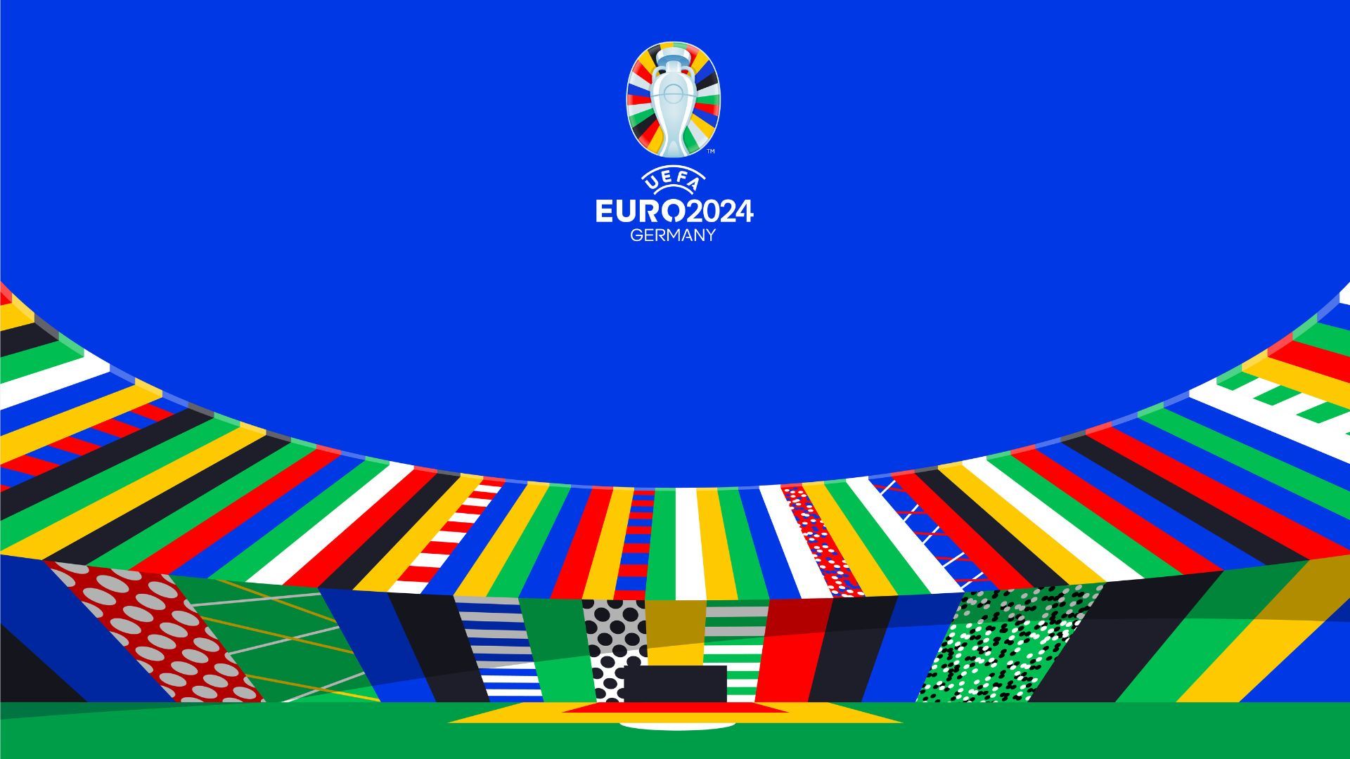 A graphic illustration of a UEFA stadium using geometric shapes in bright colours and patterns against a blue background.