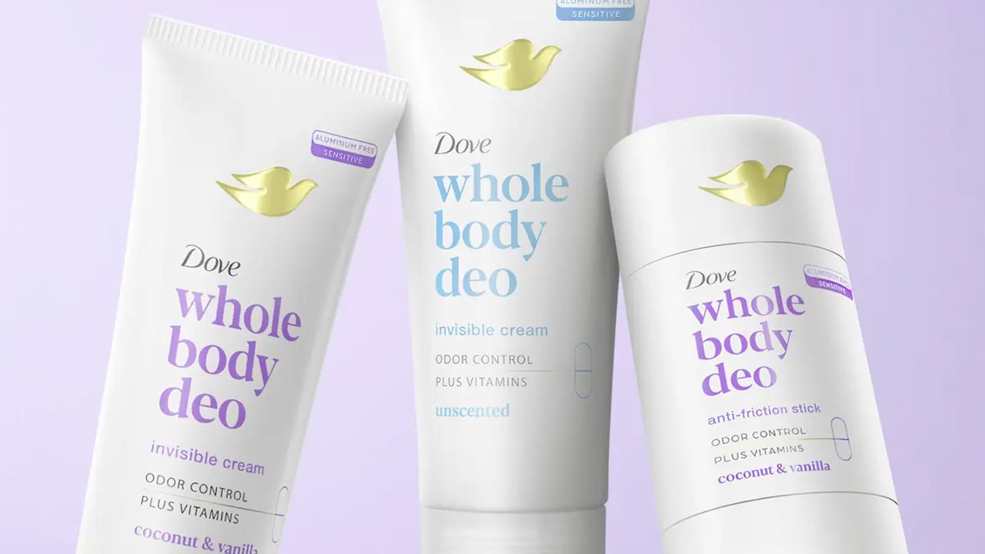 Range of Dove whole-body deodorants.