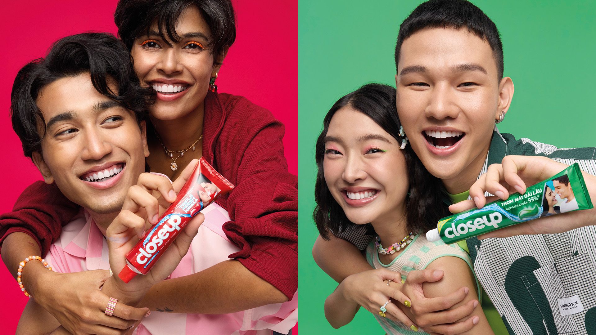 Two couples hugging. The couple on the left, in front of a red background, are holding a tube of Closeup in red packaging. On the right, the couple are in front of a green background and holding a tube of Closeup in green packaging.