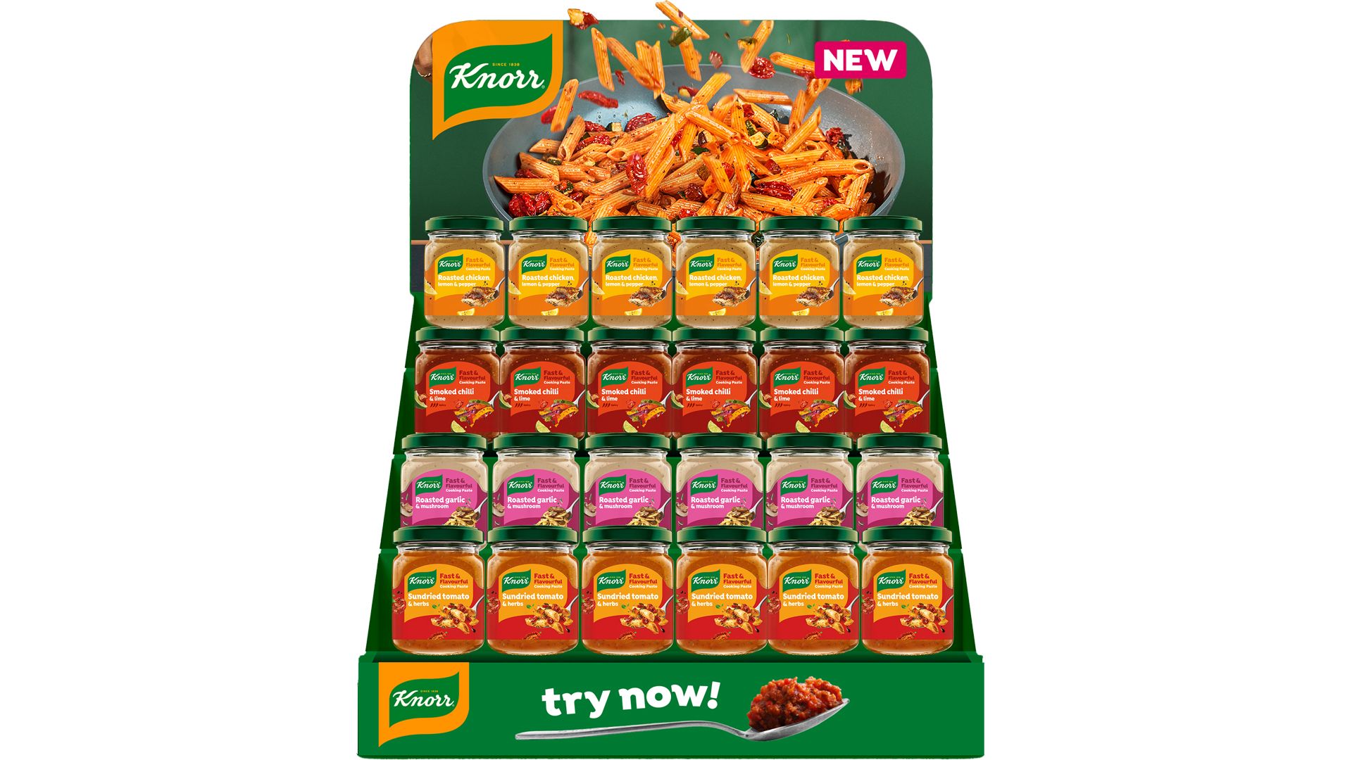 A display of Knorr Fast &  Flavourful cooking paste on a stand featuring jars of Chicken, Beef, and Vegetable Seasoning. The top of the stand shows pasta being seasoned with Knorr and a 'NEW' label. The bottom has a green background with the Knorr logo and 'try now!' next to a spoonful of seasoned food.