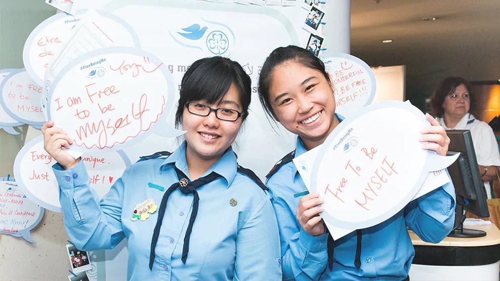 Two girls taking part in a Dove Self-Esteem Project Free Being Me workshop, run in partnership with the World Association of Girl Guides and Girl Scouts