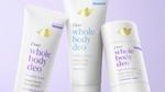 A photo of three Dove whole-body deodorants: one cream, one stick and one spray. Packaging is white with pastel lettering.