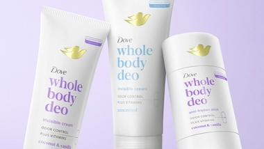 A photo of three Dove whole-body deodorants: one cream, one stick and one spray. Packaging is white with pastel lettering.