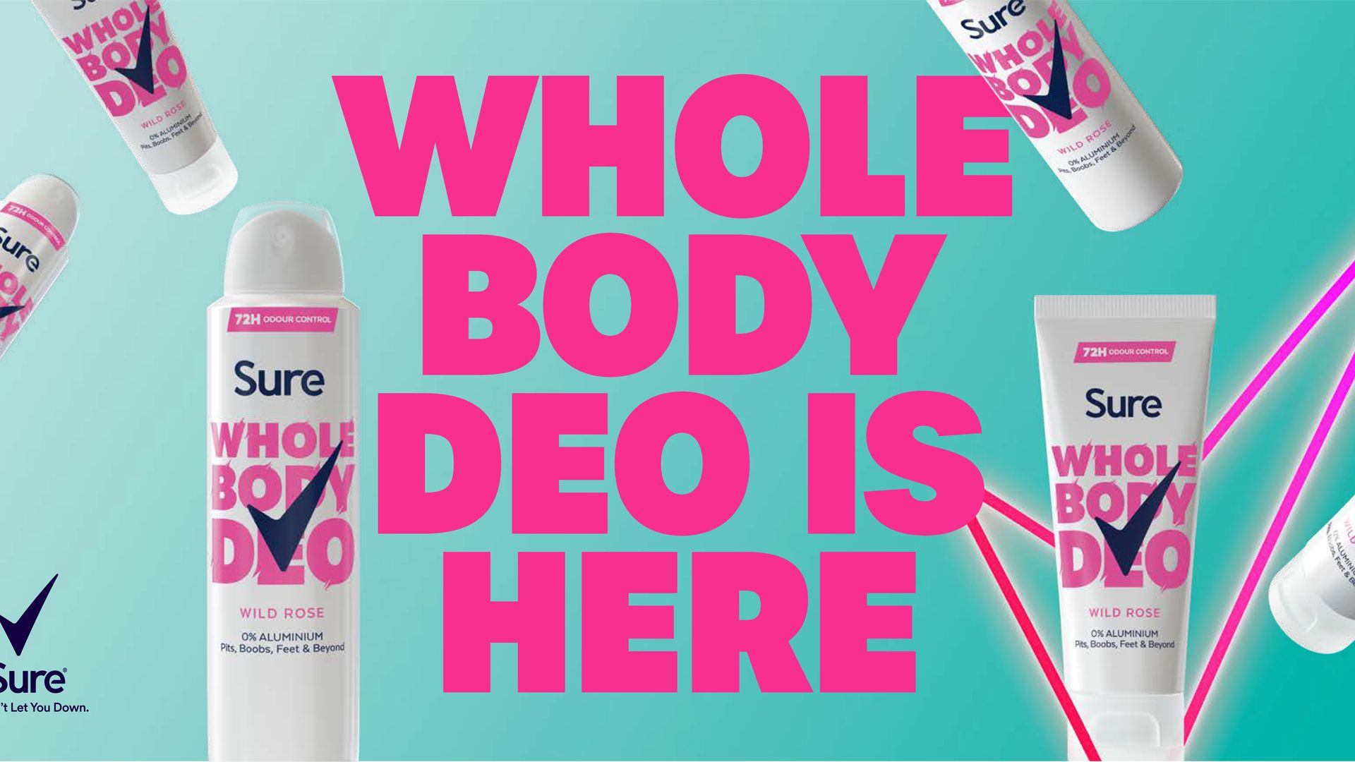 Several Sure Whole Body Deo products in random positions on a green background. The words “Whole body deo is here” together with the Sure logo and a large pink tick are shown on screen.