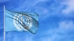 A light blue flag featuring the white logo of the International Labour Organization (ILO) against a bright blue sky.
