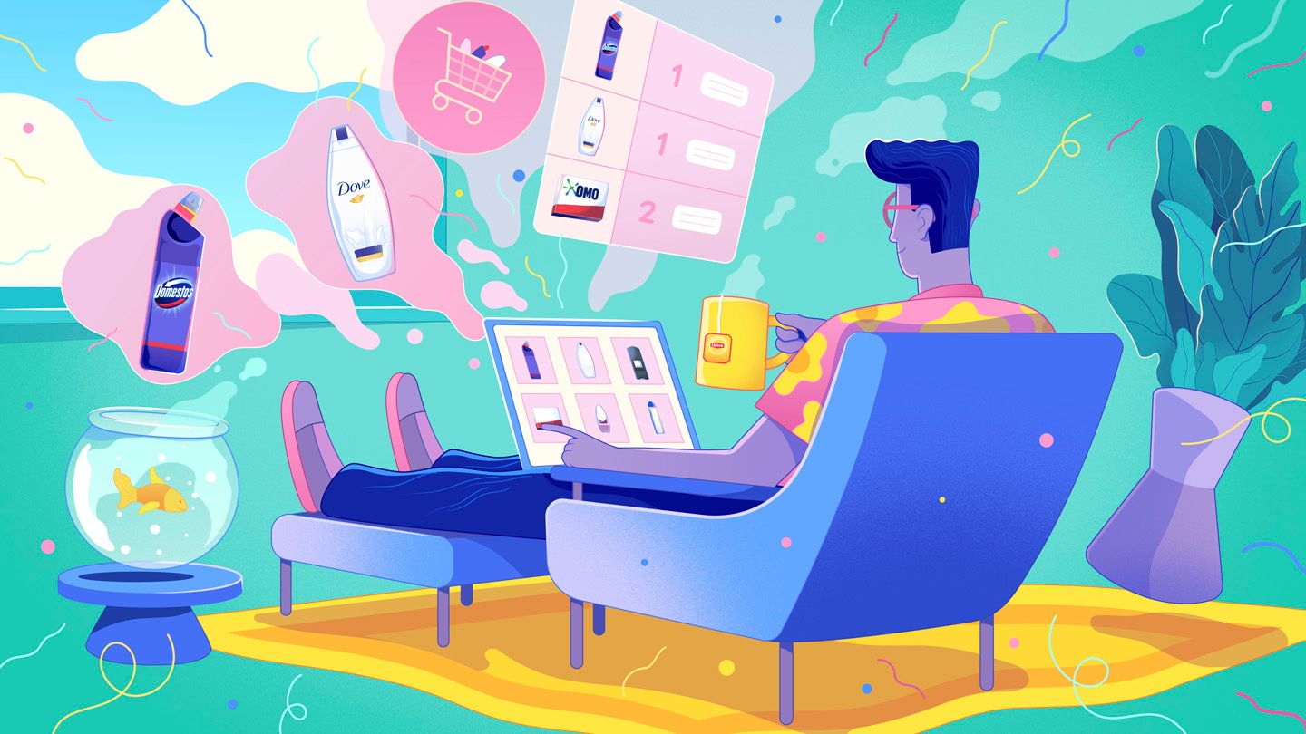 Illustration of a man sitting on the sofa using his laptop