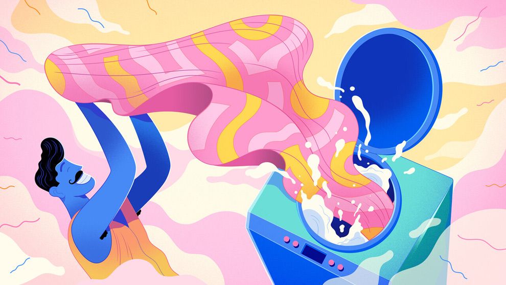 Illustration of man pulling clean sheets from washing machine