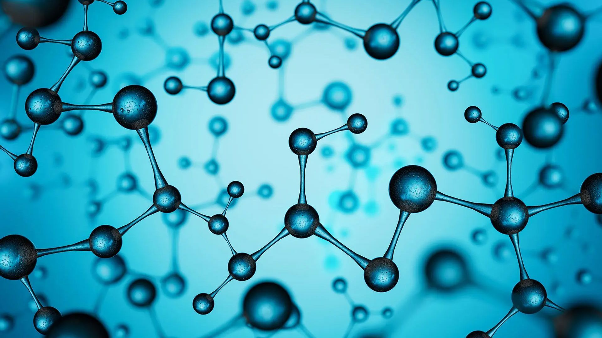 many connected atoms on a blue background