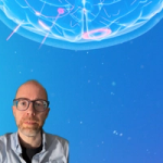 Man in glasses against a blue digital brain background