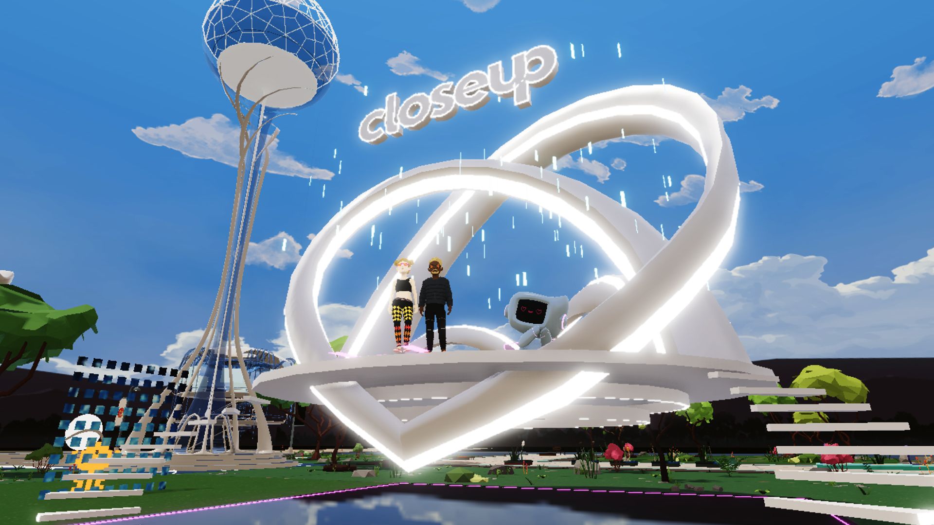A scene in a virtual world, called ‘Decentraland’, of a couple standing side by side on a platform with floating steps leading up to it from both sides.