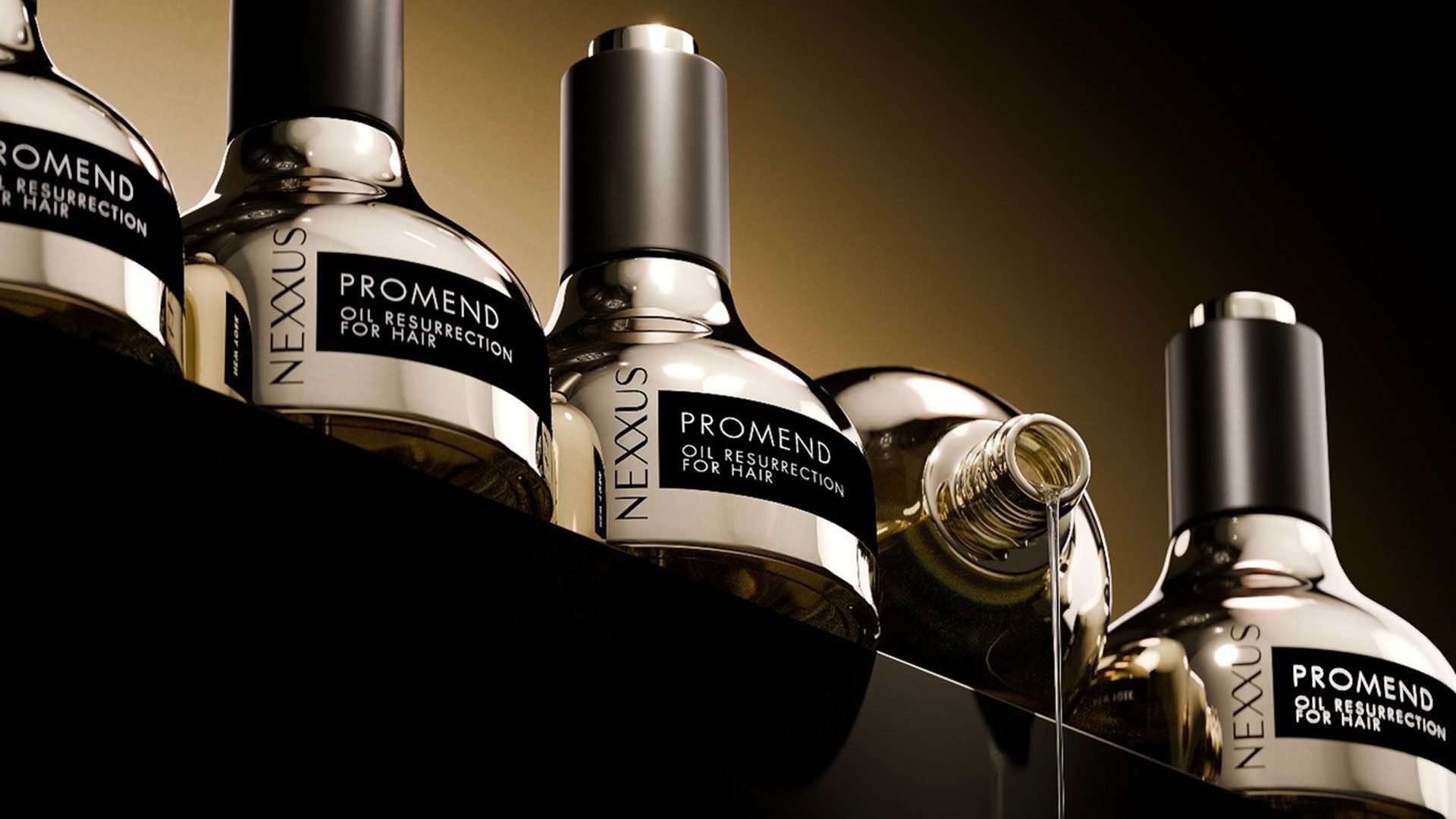 Row of NEXXUS Promend Oil Resurrection for Hair bottles displayed on a glossy black shelf, with one bottle on its side pouring oil.