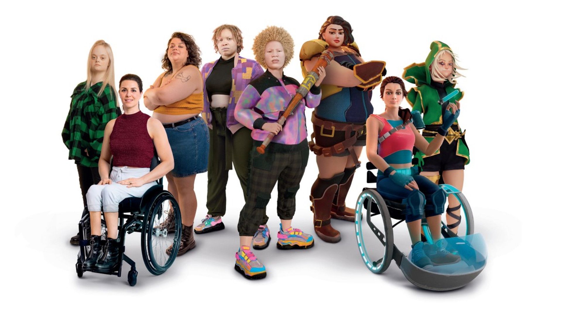 A diverse group of four women alongside their computer-generated avatars – video game characters designed to look like them. 