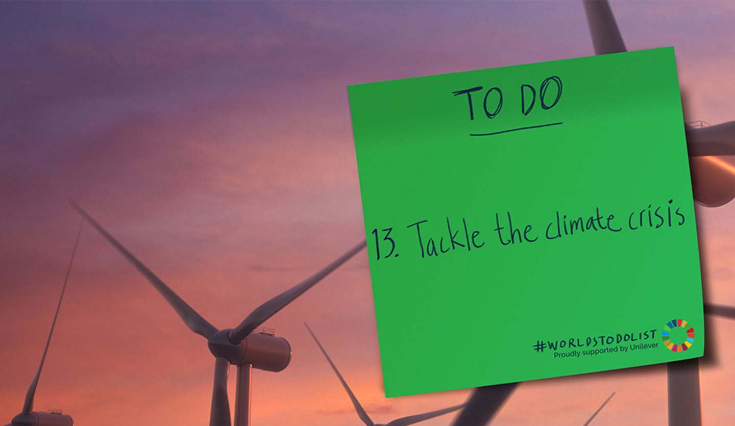 Banner with wind turbines image and then a green sticky note on the right-hand side