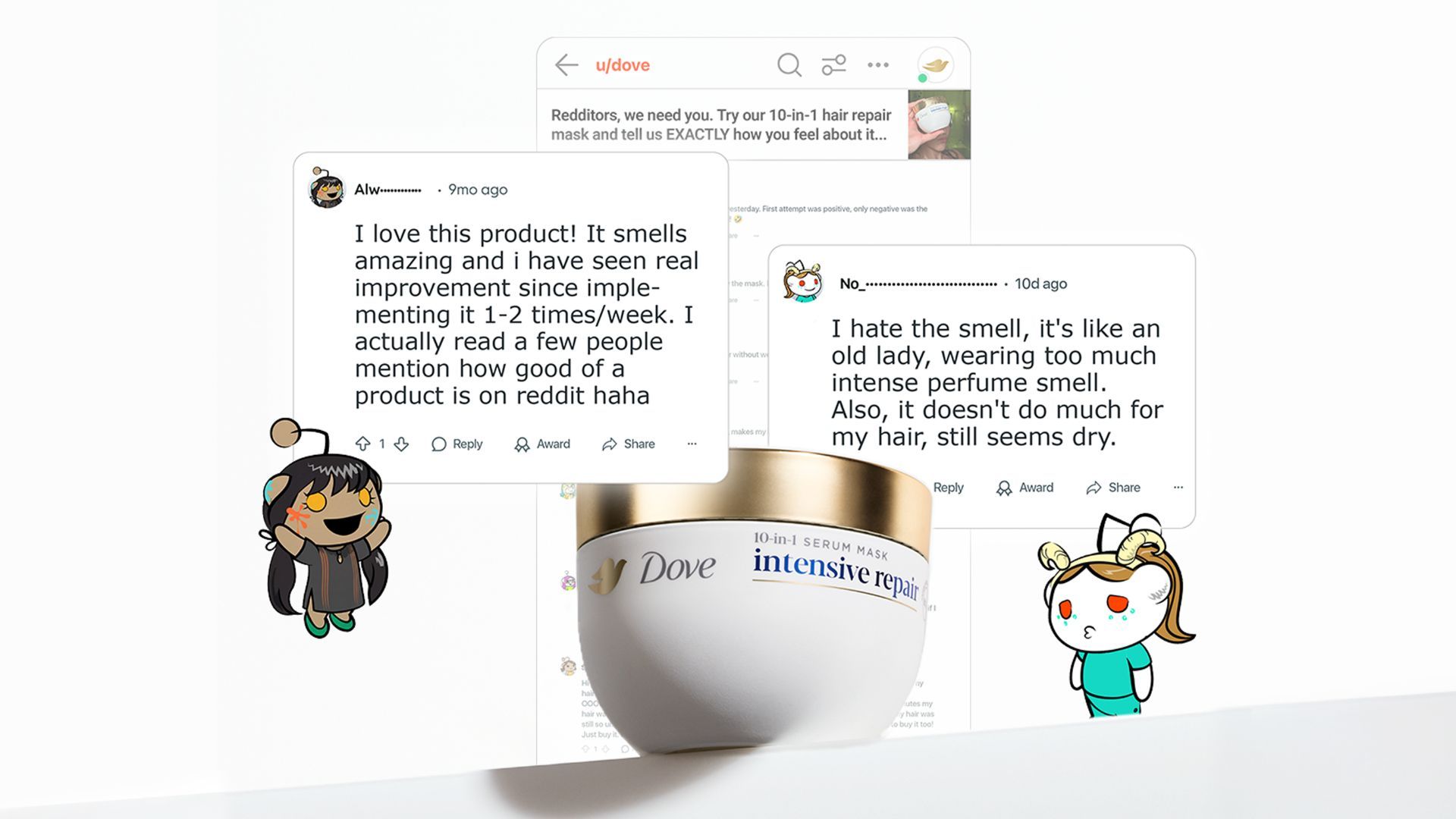 Dove Intensive Repair hair mask jar surrounded by positive and negative Reddit reviews.