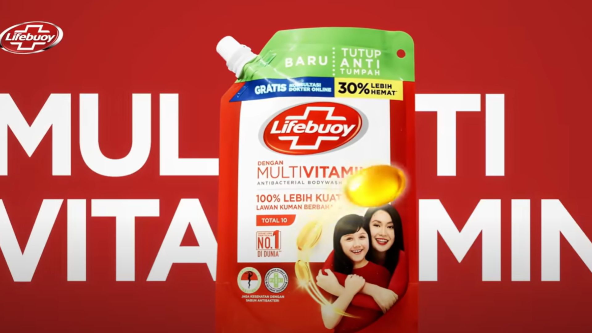 A visual from an ad campaign showing the words “Multi Vitamin” in the background. A pouch of Lifebuoy Multivitamin is overlaid on the text.