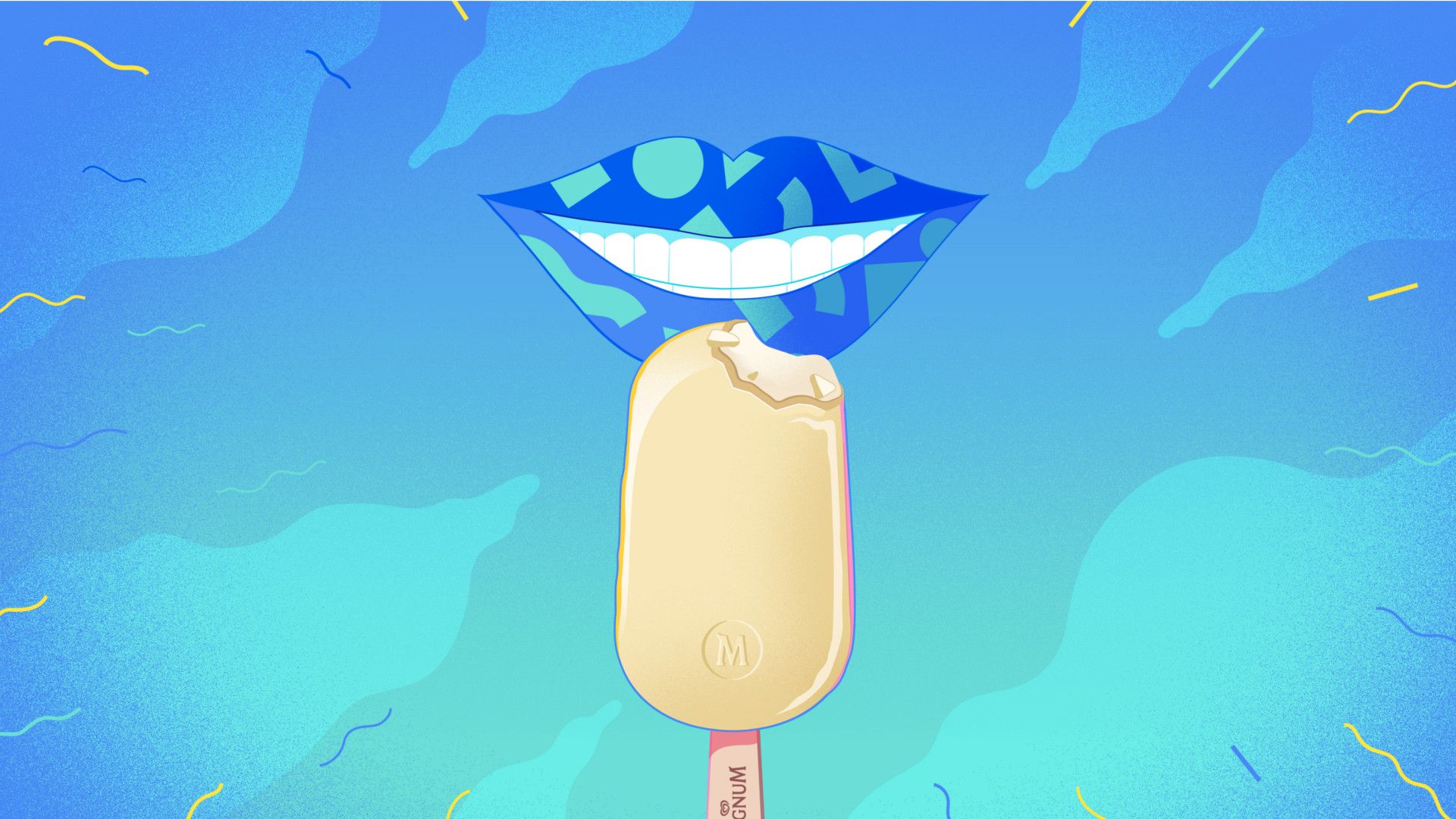 Illustration of a smiling mouth biting into a Magnum ice cream