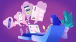 An illustration of a woman with blue hair eating an ice cream while looking at Unilever products on a laptop.