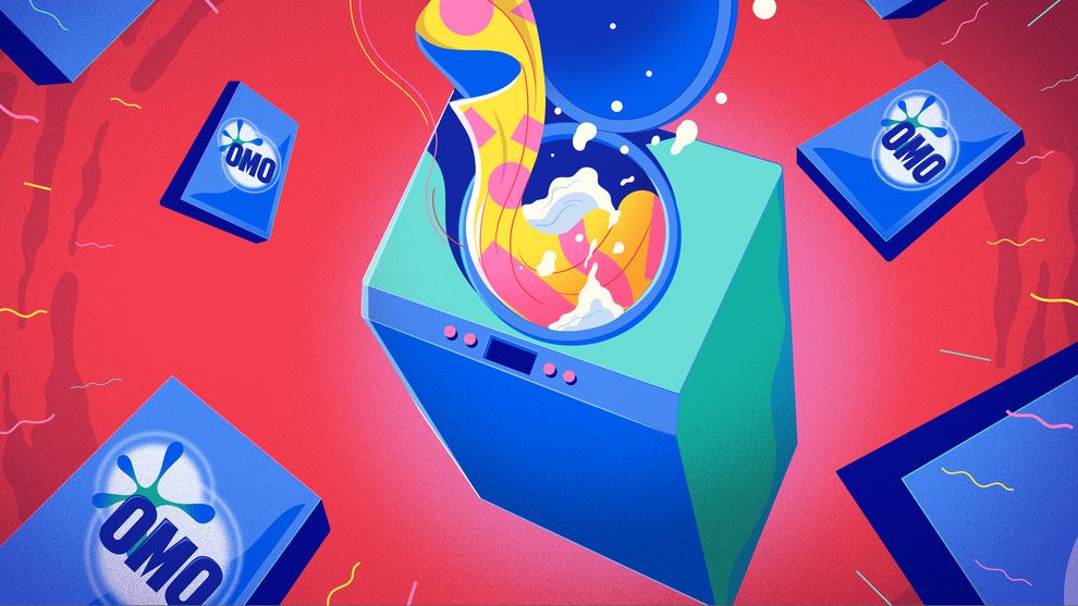 Ilustration of washing clothes with Omo