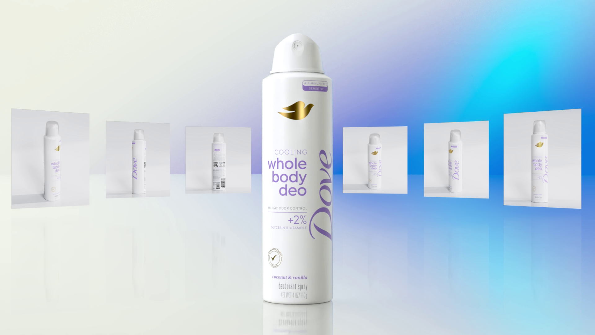 A can of Dove Whole Body Deo in the centre foreground with six additional images of the product in the background, three on each side.