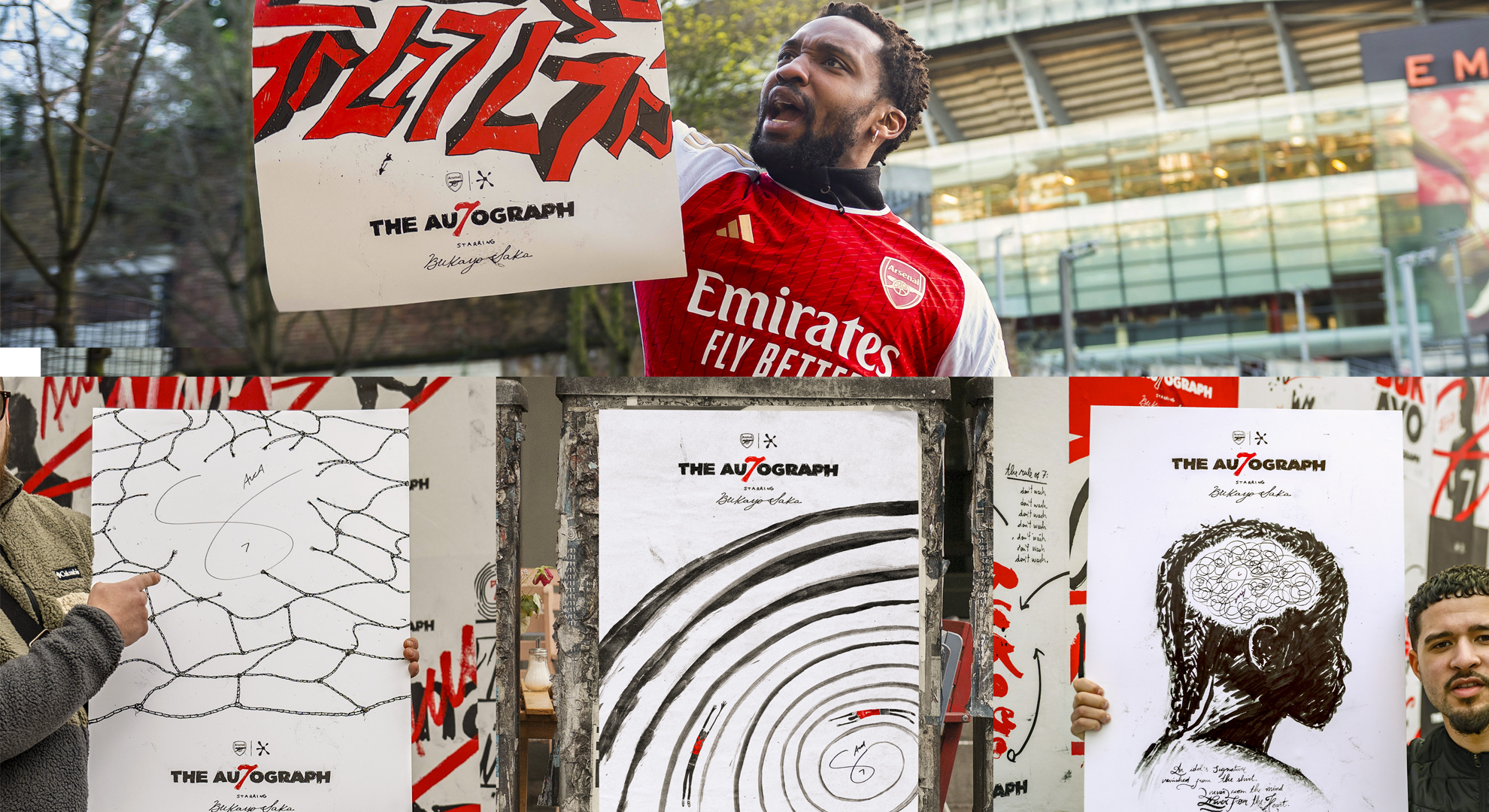 Arsenal fan in a football shirt holding The Autograph poster outside of the Emirates stadium