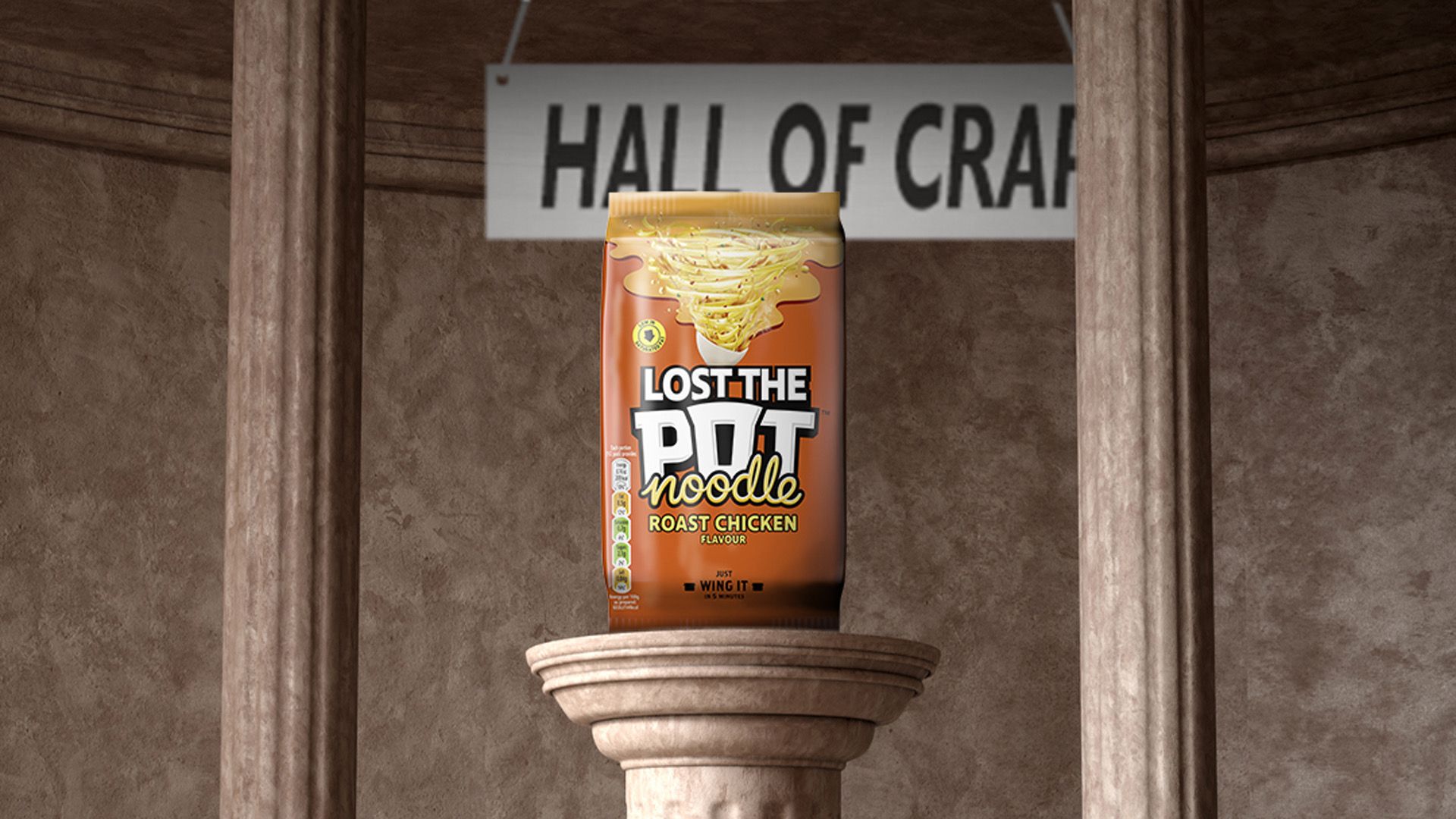 Lost the Pot Chicken Noodles displayed on a pedestal with a banner in the background saying ‘Hall of Crap’