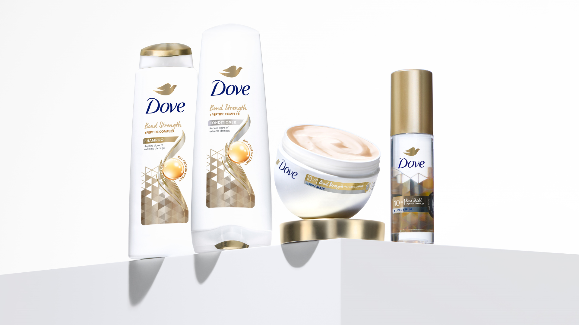 A line up of Dove shampoo and conditioner products