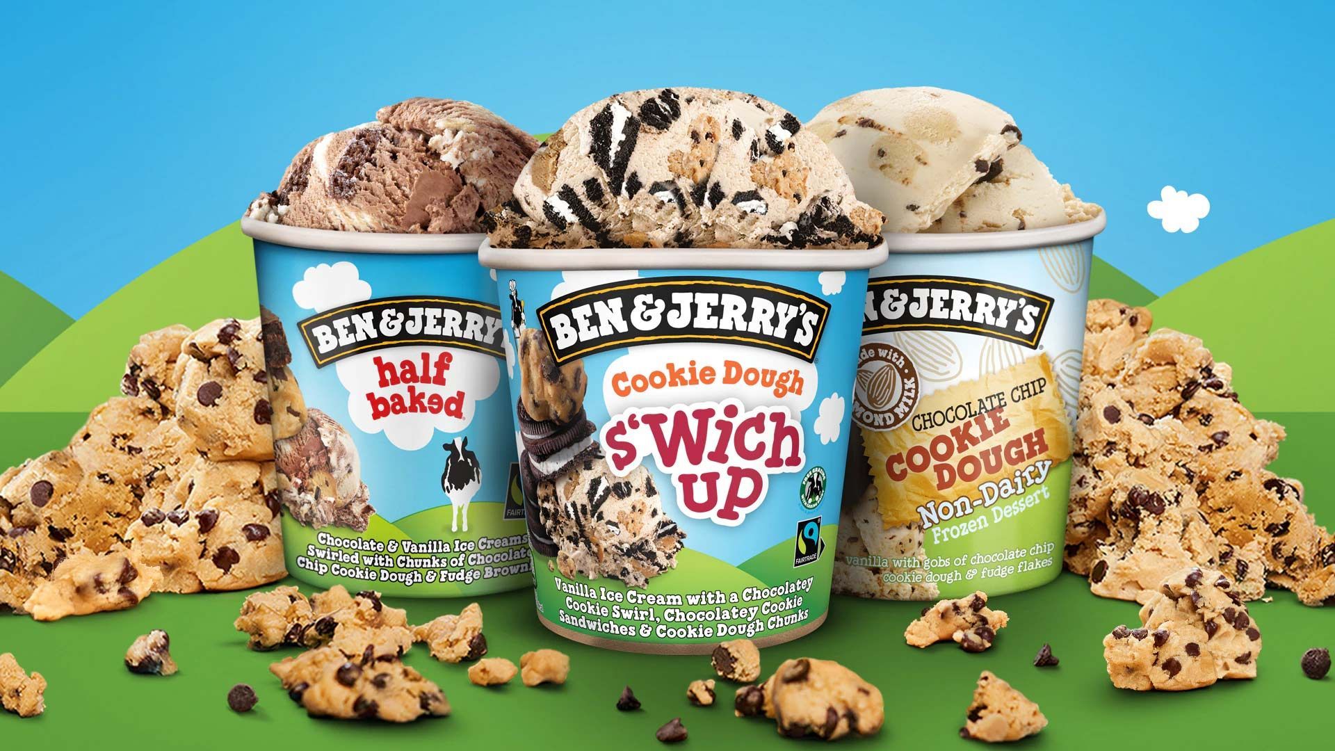 Three open tubs of Ben & Jerry’s ice cream, showing Half Baked, Cookie Dough S’Wich Up and Cookie Dough Non-Dairy flavours.