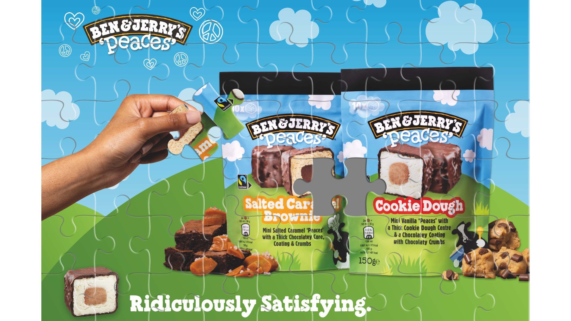 Image of a jigsaw with hand adding the final piece to a pack of Ben & Jerry’s new Salted Carmel Brownie Peaces. 