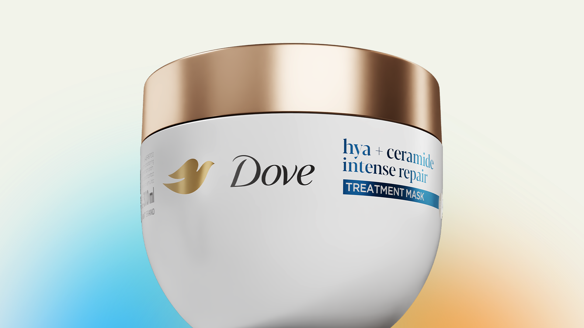 A white Dove treatment mask container with a metallic gold lid. The label shows the Dove logo and the text ‘hya + ceramide intense repair treatment mask’ on a clean, gradient background.”