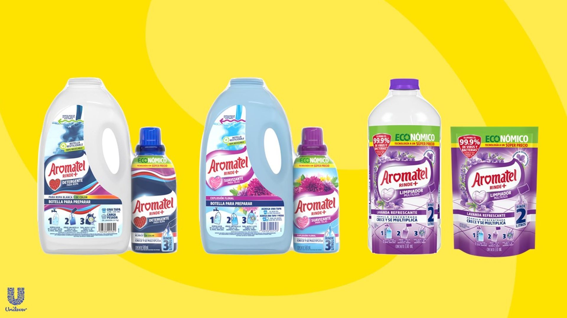 Three small bottles of concentrated Aromatel Rinde+ products alongside traditional sized bottles for diluting the product.