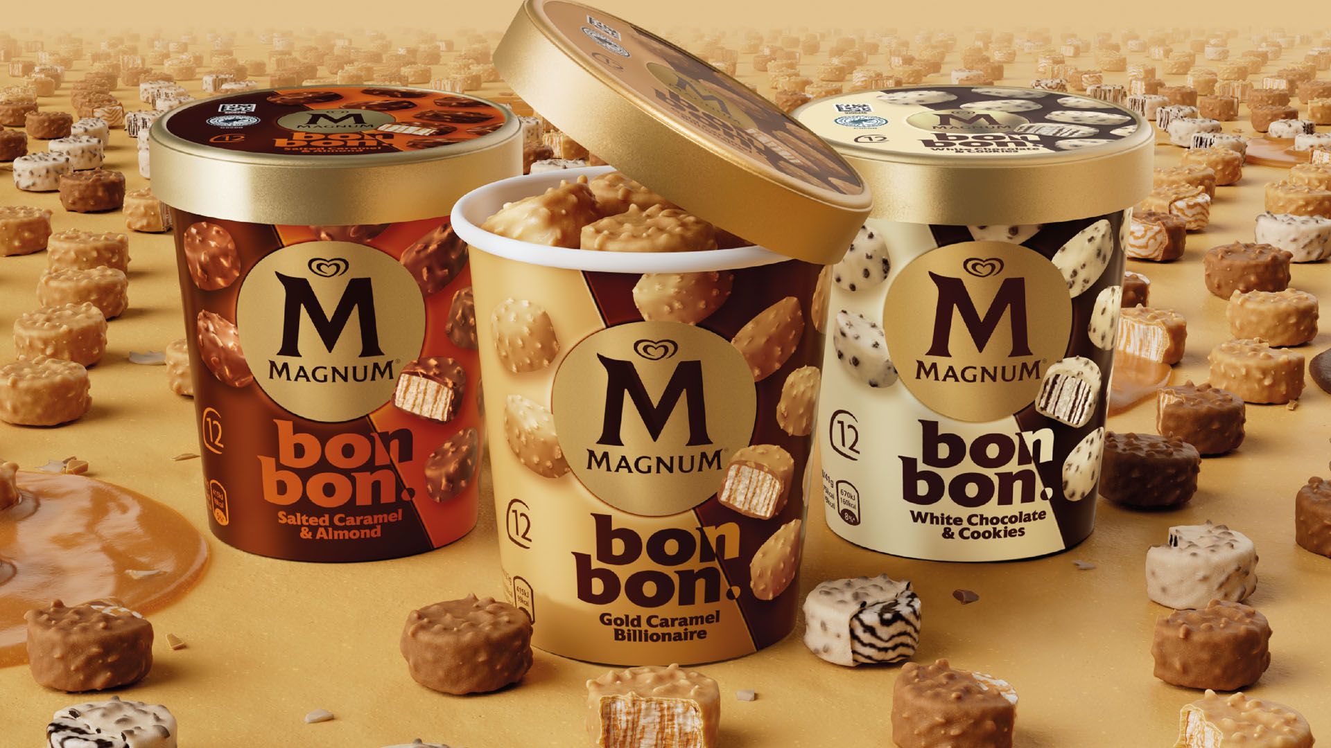 Three tubs of Magnum Bon Bons, the brand’s first bite-sized innovation.