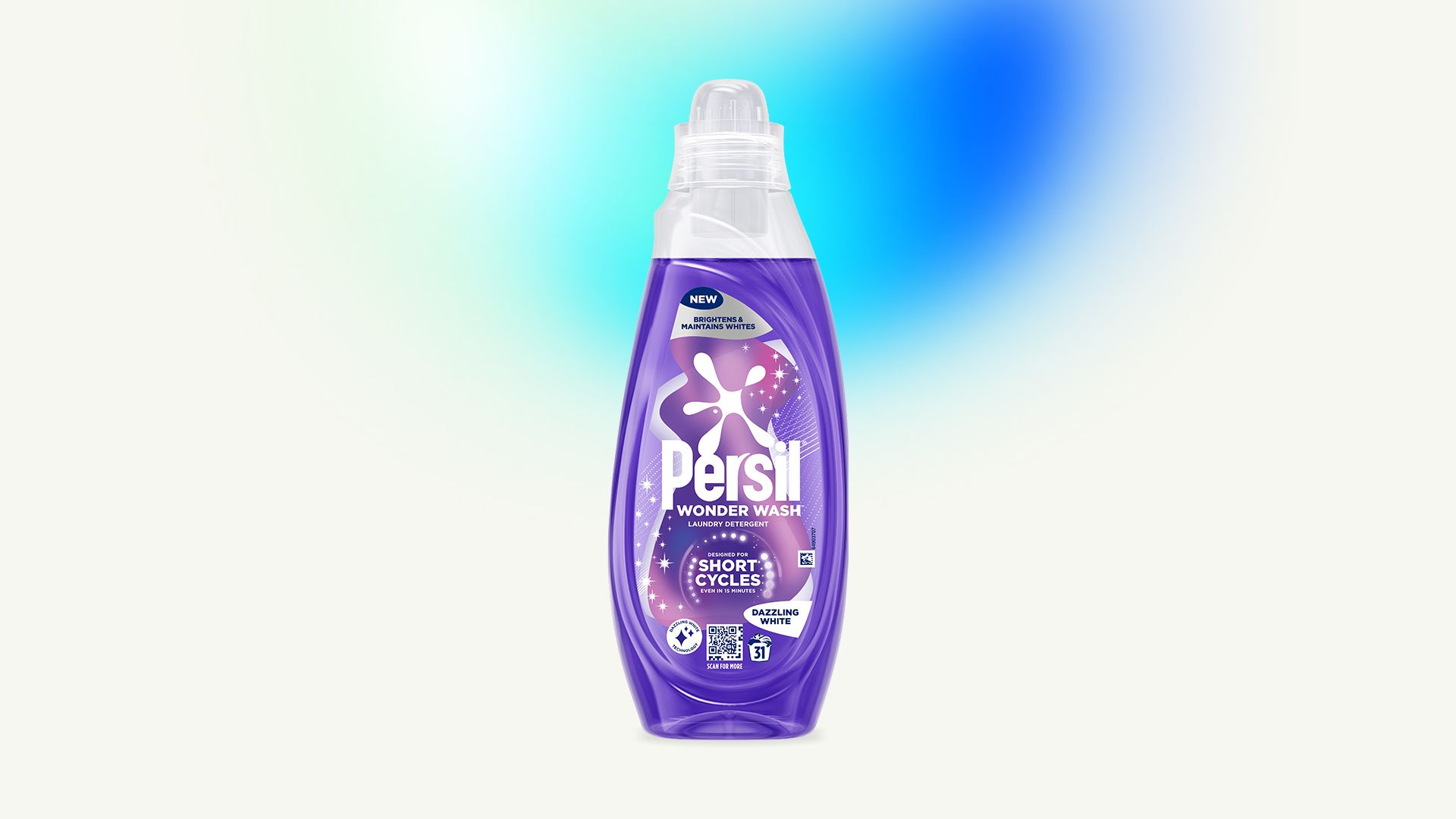 A bottle of Persil Wonder Wash with a purple label and white cap, featuring the words 'NEW' and 'SHORT CYCLES' alongside icons representing product features, set against a light green to blue gradient background.