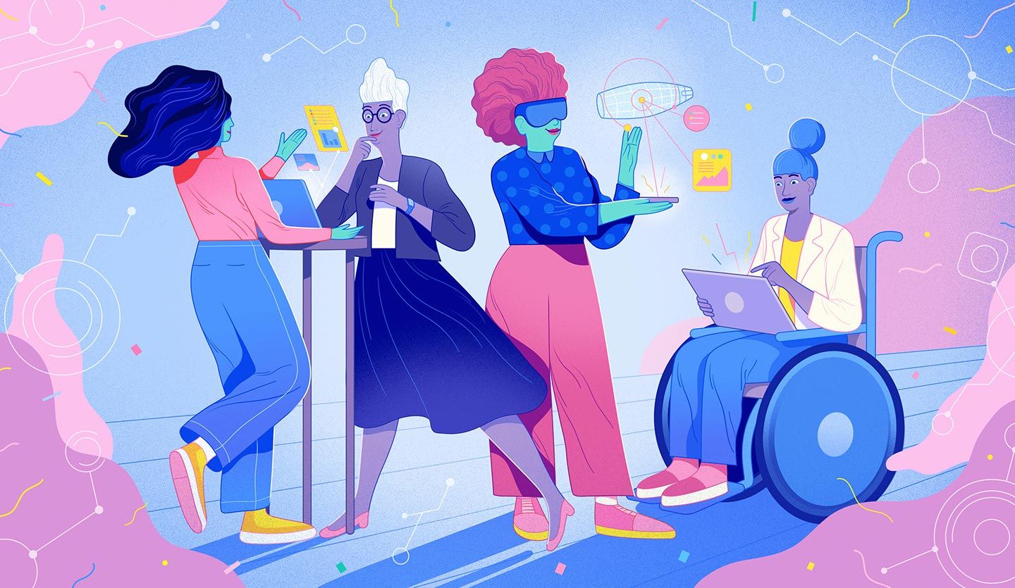 A graphic of women working in science